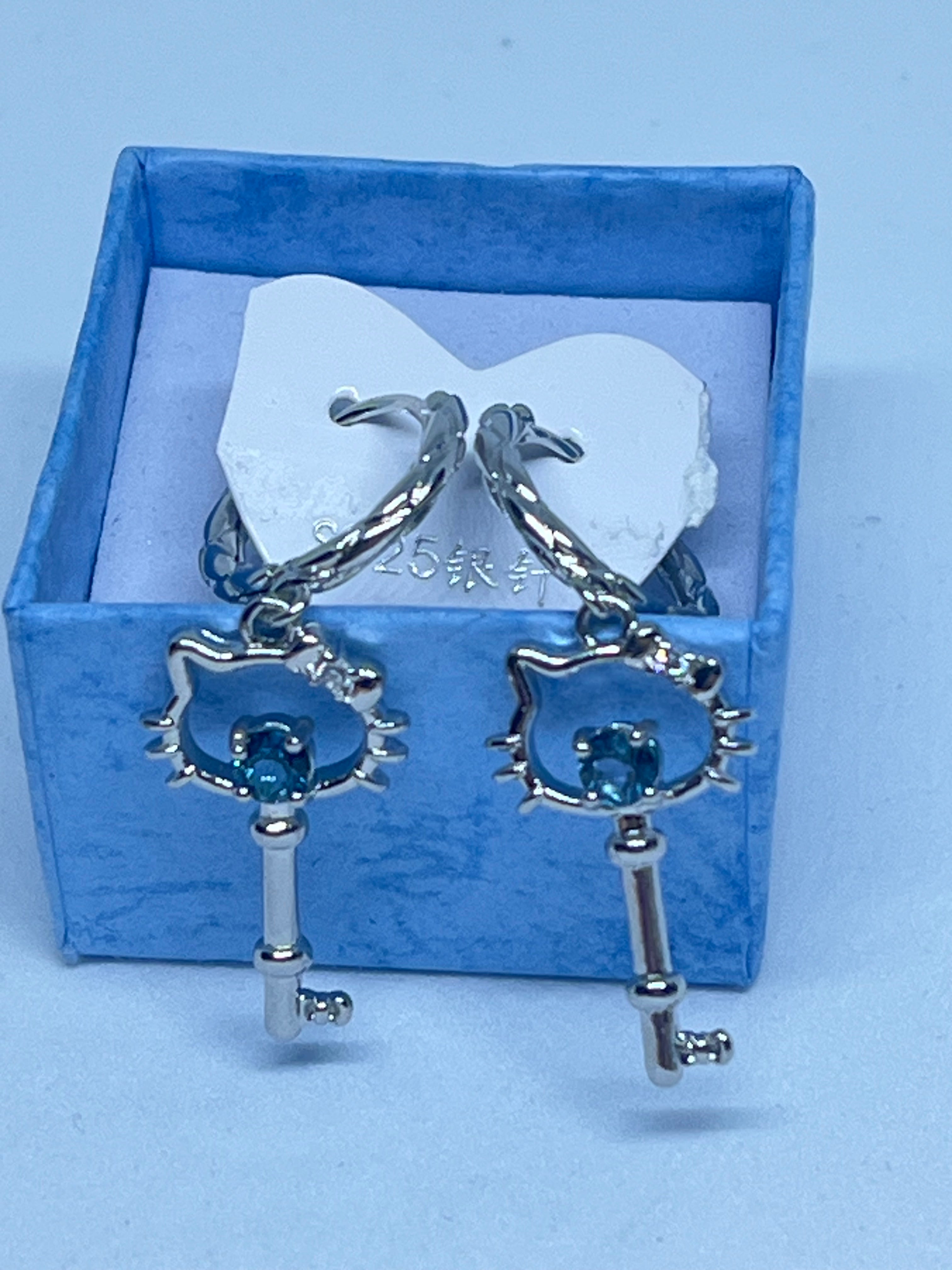 S925 Blue Topaz Hello Kitty Key Earrings