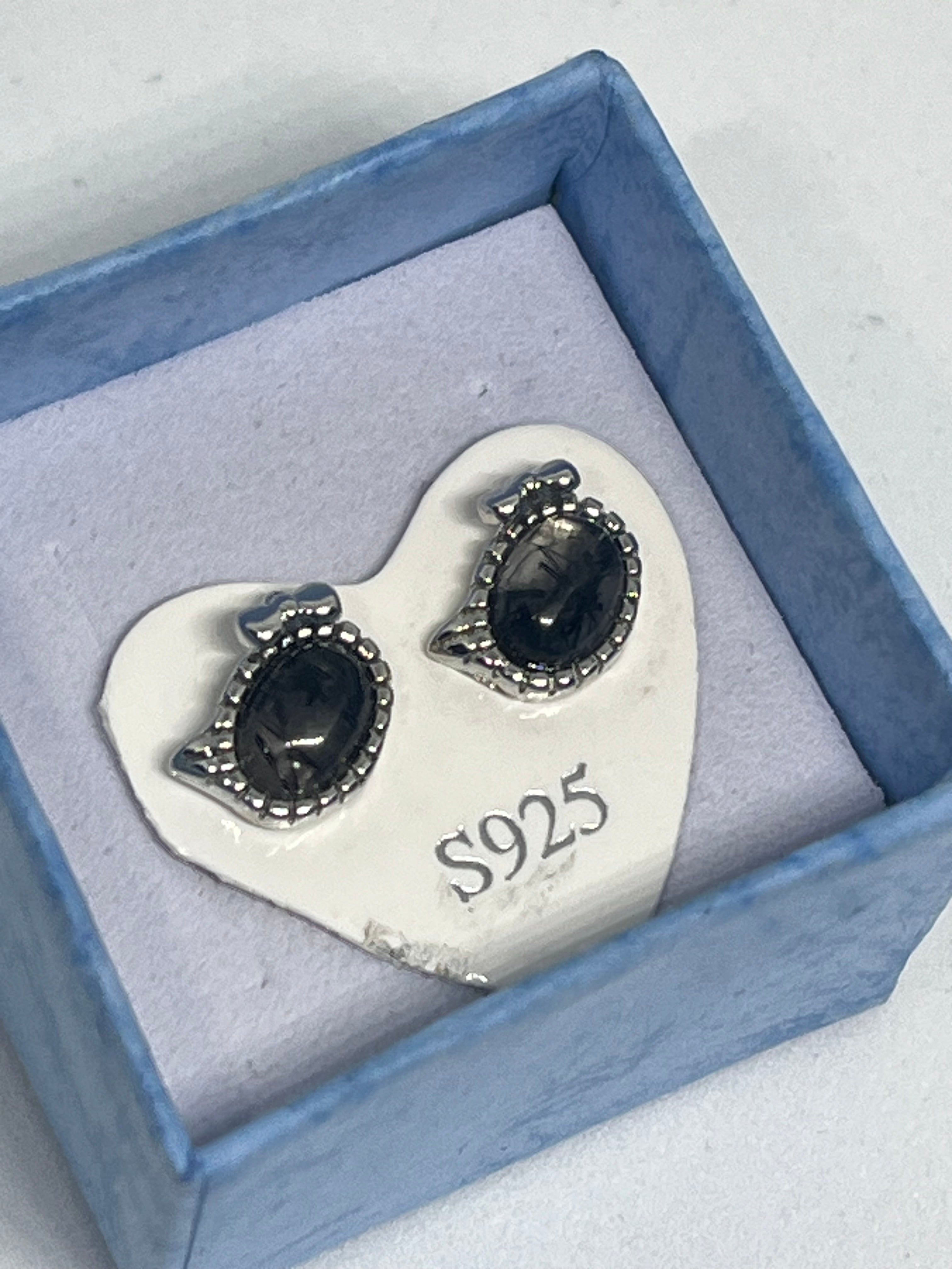 S925 Black Rutilated Quartz Hello Kitty Earrings