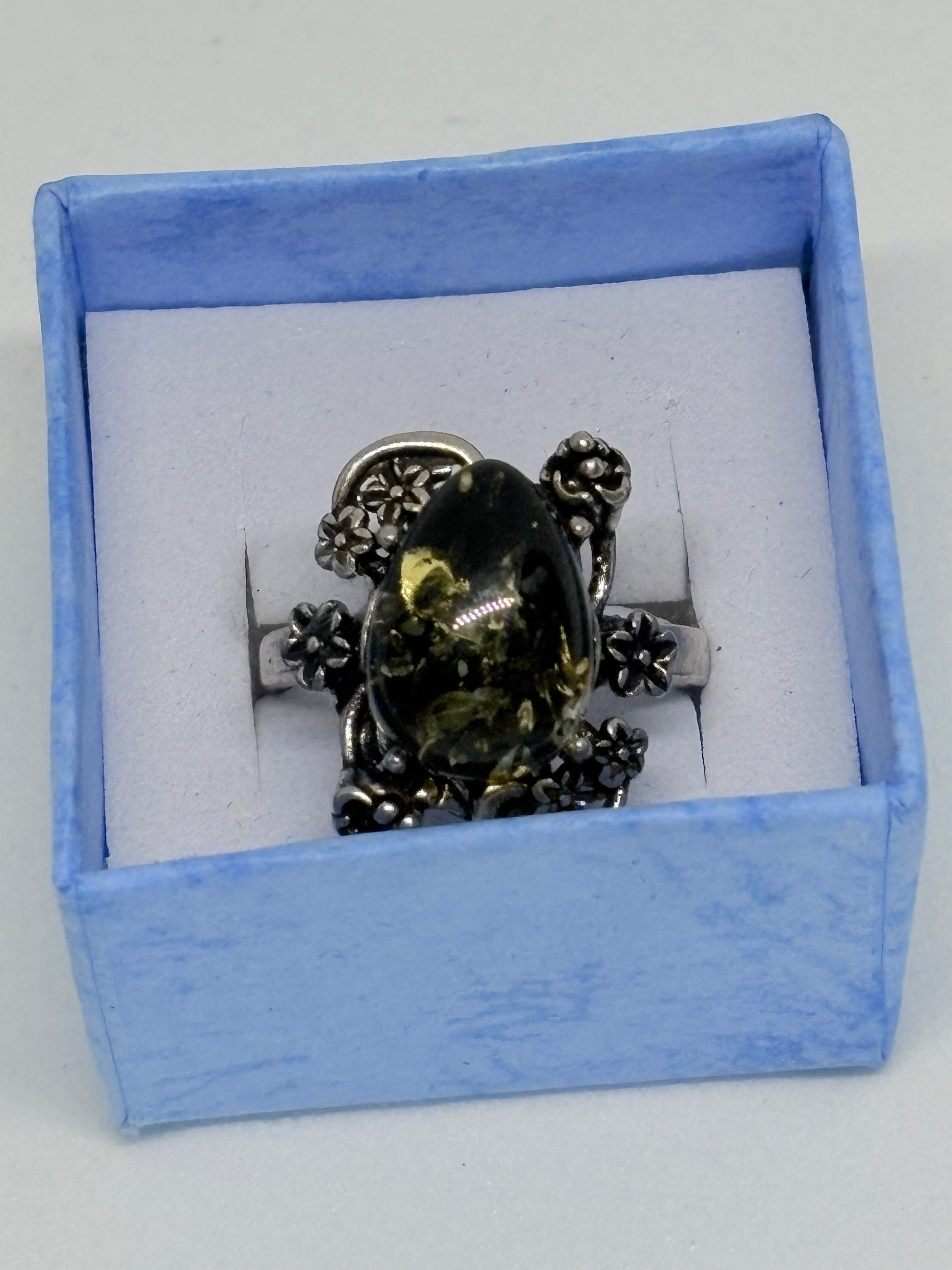 Green Amber Unique Ring