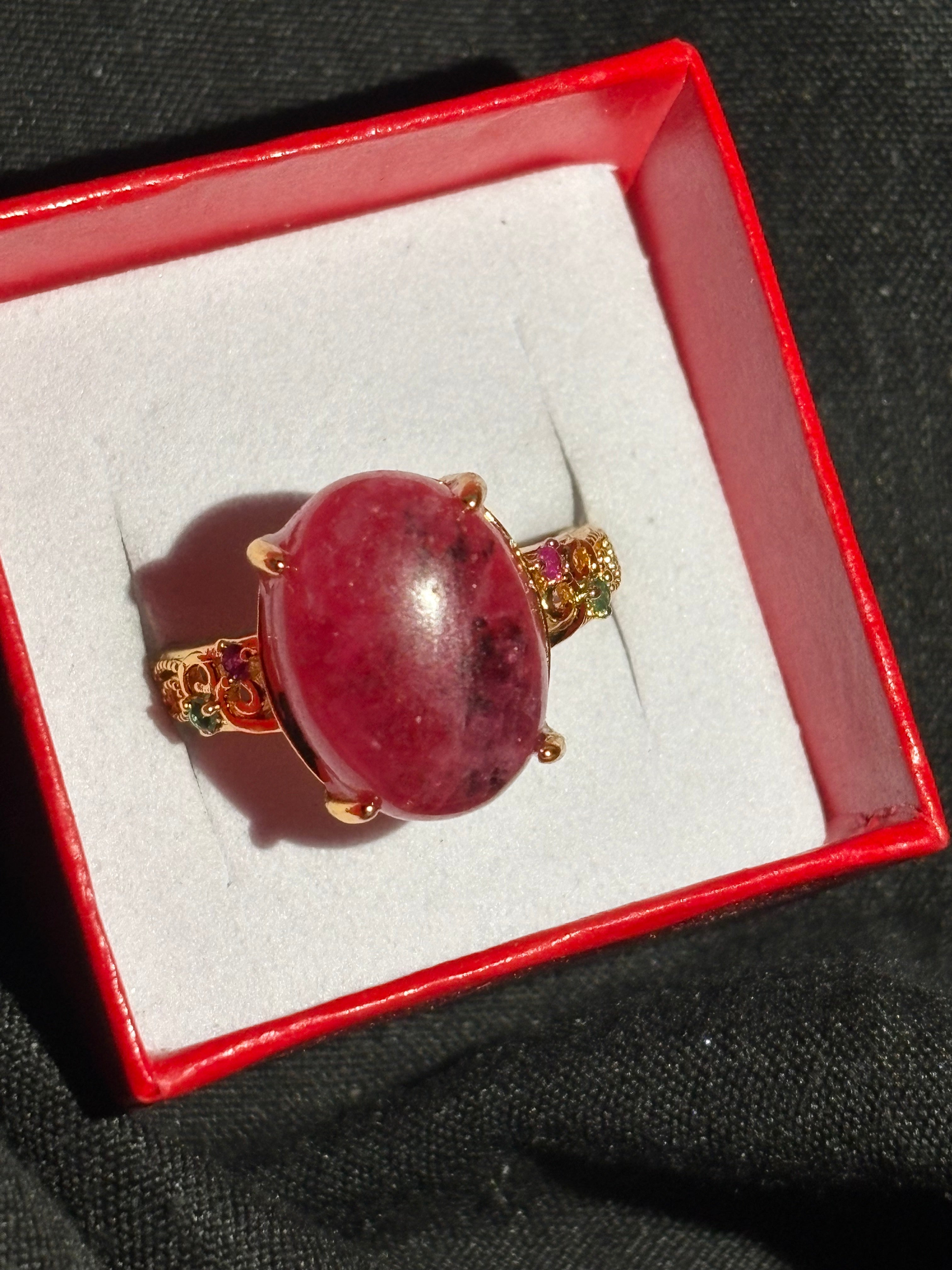 Gold Tone Pink Rhodonite Ring